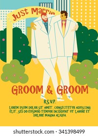 Vector gay marriage invitation. Lovely happy gay couple celebrates love. Flat stylish design and trendy colors. Just married hugging each other. Yellow background, vertical format.