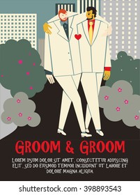 Vector gay wedding invitation. Happy gay couple celebrates love. Flat design and trendy colors. Just married hugging each other. Vertical format with  "groom and groom" title.