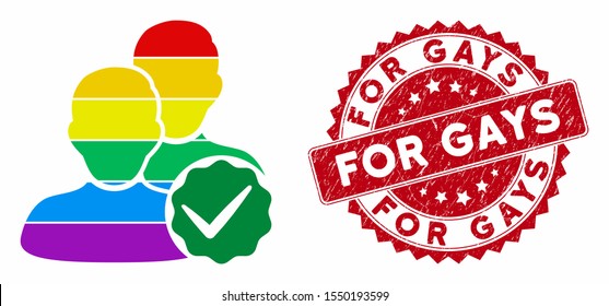 Vector for gays icon and rubber round stamp seal with For Gays caption. Flat for gays icon is isolated on a white background. For Gays stamp seal uses red color and grunged texture.