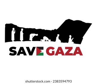 Eine Vektorgrafik des Gazastreifens und der silhouette muslimischen Gebetsbewegung mit dem Wort Save Gaza.