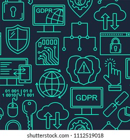 Vector GDPR - General Data Protection Regulation seamless pattern with line style icons. Web Privacy and security bright cyan on black background.
