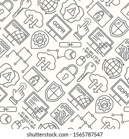 Vector GDPR - General Data Protection Regulation Seamless Pattern With Line Style Icons. Web Privacy And Security Black On White Background.