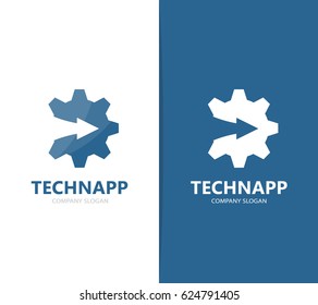 Vector of gear and arrow up logo combination. Mechanic and growth symbol or icon. Unique factory and industrial logotype design template.