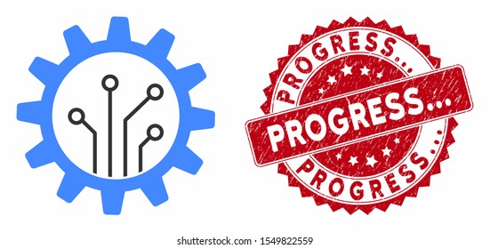 Vector gear chip icon and rubber round stamp seal with Progress... caption. Flat gear chip icon is isolated on a white background. Progress... stamp seal uses red color and rubber texture.
