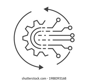 Aparato vectorial con tarjeta de circuito, icono de línea plana de inteligencia artificial. Diseño de ilustración de símbolo y signo. Aislado sobre fondo blanco