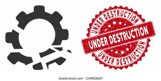 Vector gear destruction icon and grunge round stamp seal with Under Destruction caption. Flat gear destruction icon is isolated on a white background.