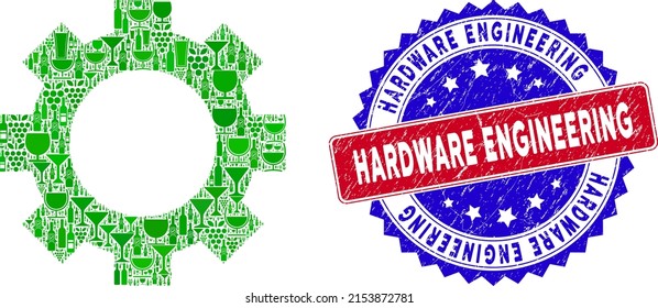 Mosaico de vino del icono del engranaje vectorial con sello de ingeniería de hardware bicolor. Bandera bicolores roja y azul con textura rayada y leyenda de Ingeniería de hardware.