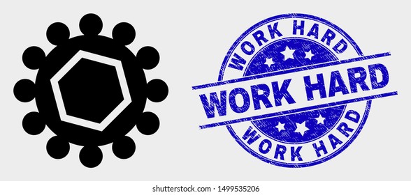 Vector gear icon and Work Hard watermark. Red rounded grunge watermark with Work Hard text. Vector composition in flat style. Black isolated gear icon.