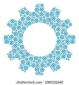 Vector gear icons are arranged into gear wheel composition. Technical design concept constructed of gear pictograms.