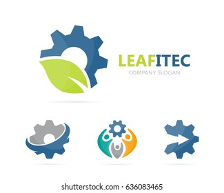 Vector of gear and leaf logo combination. Mechanic and eco symbol or icon. Unique organic factory and industrial logotype design template.