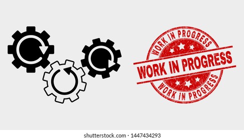 Vector gear mechanism pictogram and Work in Progress seal stamp. Red rounded scratched stamp with Work in Progress text. Vector combination for gear mechanism in flat style.