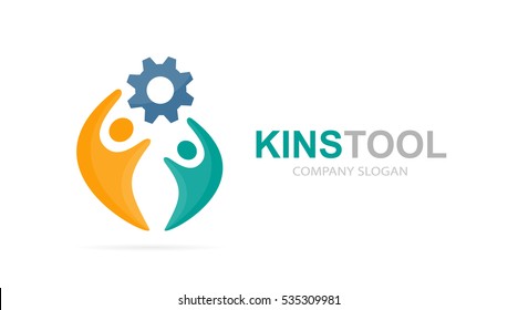 Vector gear and people logo combination. Industrial and family symbol or icon. Unique union, service, equipment, team and community logotype design template.
