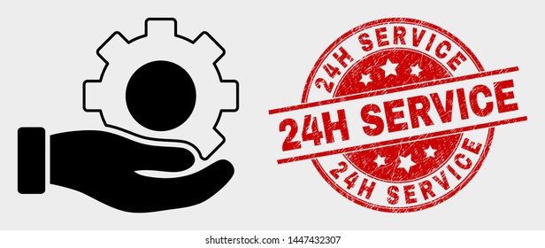 Vector gear service hand pictogram and 24H Service seal stamp. Red rounded distress seal stamp with 24H Service caption. Vector composition in flat style. Black isolated gear service hand pictogram. - Powered by Shutterstock - Get 15% off with code: PIKWIZARD15