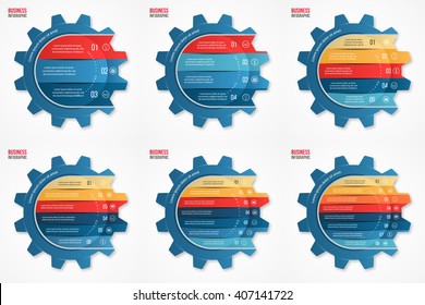 Vector gear style infographic set of templates for graphs, charts, diagrams and other infographics. Business concept with 3, 4, 5, 6, 7, 8 options, parts, steps, processes. 