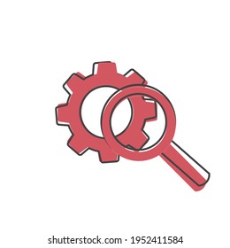 Vector gear tool search magnifier icon on cartoon style on white isolated background.
