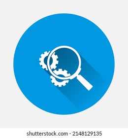 Vector gear tool search magnifier icon on blue background. Flat image with long shadow.