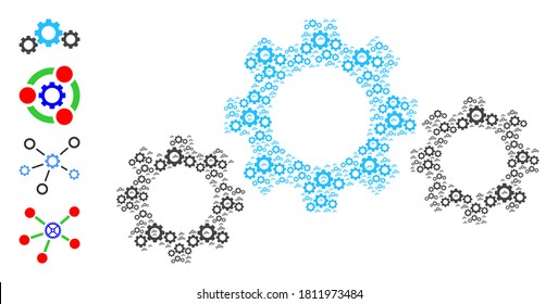Das Mosaik der Vektorgetriebe wird durch wiederkehrende Schaltgetriebe-Symbole erzeugt. Erholungskollage durch Getriebe. Einige andere Symbole sind in dieser Vektorgrafik vorhanden.