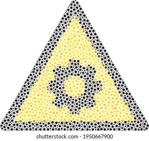 Icono de mosaico del coronavirus de advertencia de engranajes vectores creado para ilustraciones médicas. El mosaico de advertencia de los engranajes está construido con pequeños elementos patógenos de coronavirus.