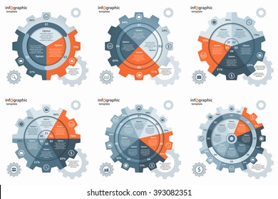 Vector gear wheel cogwheel circle infographic set. Templates for business and industry with 3,4,5,6,7,8 processes, options, parts, steps.