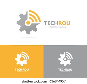 Vector of gear and wifi logo combination. Mechanic and signal symbol or icon. Unique industrial and radio, internet logotype design template.