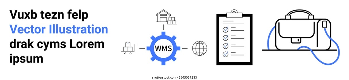 Vector gear with WMS, buildings, globe, checklist, and briefcase. Ideal for warehouse, logistics, business management, education, training planning consultancy Landing page