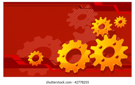 Vector gears background in red, technical, mechanical illustration pattern