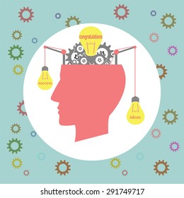 Vector gears and a light bulb with a human head showing imaginative ideas,cogs,ideas and success