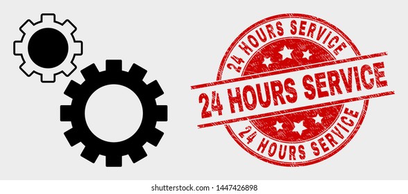 Vector gears pictogram and 24 Hours Service seal stamp. Red rounded textured seal stamp with 24 Hours Service caption. Vector combination for gears in flat style. Black isolated gears symbol.