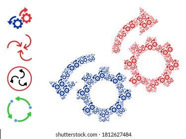 Vector gears rotation arrows mosaic is made with random self gears rotation arrows items. Fractal mosaic from gears rotation arrows. Some other icons are present in this vector.