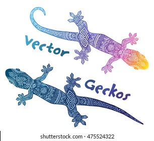 Vector gecko silhouettes with tribal ethno doodle ornament