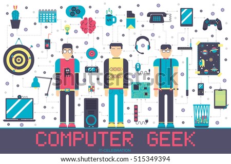 Vector it geeks people icons illustrations set. Flat office professional developer around workplace echnology concept.  Stock photo © 