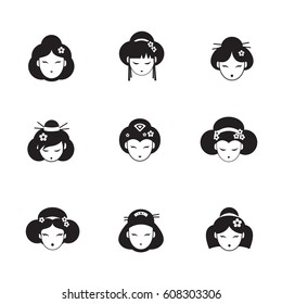 Vector Geisha icons in flat style isolated on white background. Asian faces. Japanese girls logo.