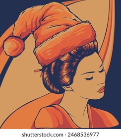 vector geisha japanese wearing santa hat celebrate christmas