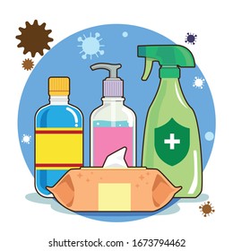 Vector gel, alcohol, cleaning spray and wipes tissue.