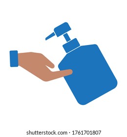 Vector gel and hand icon. Sanitizer or soap in a bottle. A symbol of hygiene and cleanliness. Dispenser with antiseptic