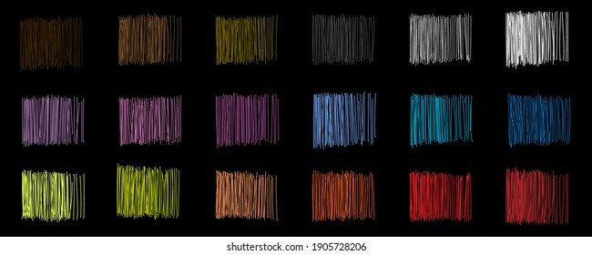 Los trazos de la pluma de gel vectorial se establecen en el fondo negro. Líneas y bocetos multicolores con revestimientos o tinta líquida. La decoración. De sombreado fuerte a líneas de fila. Verde, amarillo, rosa, rojo y más.