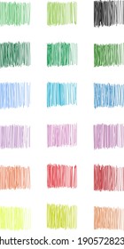 Vector Gel Pen Strokes Set. Multi-colored Lines And Sketches With Liners Or Liquid Ink. Set For Decoration. From Strong Shading To Row Lines. Green, Blue, Pink, Yellow, Orange And Other Colors.