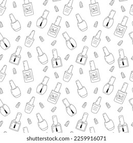 Vector gel polish glass bottles seamless pattern. Hand drawn gel polish bottles different shapes background