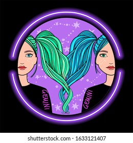 vector of gemini horoscope sign in round zodiac with galaxy stars background, graphic of beautiful women with long hair