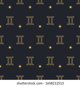 Vector Gemini seamless gold pattern. Repeating Zodiac sign with stars on a black background