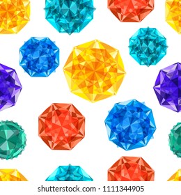 Vector  gems and diamonds in different colors seamless patterns on the white background. Cartoon gems.