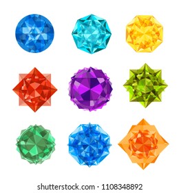 Vector  gems and diamonds icons set in different colors on the white background. Cartoon gems.