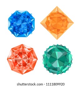 Vector  gems and diamonds icons set in different colors on the white background. Cartoon gems.