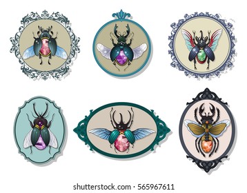 Vector Gemstone Bugs Set Jewel Beetles Treasures Insect Collection Decorative Frames