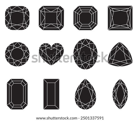 Vector gemstone cut silhouettes.Set of 12 vector silhouettes showcasing various gemstone cuts: round, square, oval, and heart-shaped. Ideal for jewelry design, branding, web, and print. 