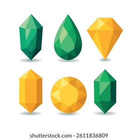 Vector gemstone polygonal art style. Set of stones of different shapes drop, rhombus, circle. Sapphire, diamond, ruby, crystal, carat, emerald. Faceted corner design creates a striking visual effect