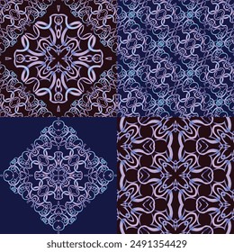 Vector gender neutral pattern set of hand drawn lines ornament on dark purple background. Ornamented art oriental style