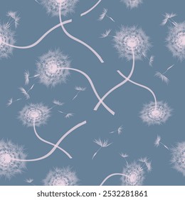 Vector, gender neutral, two-color, gentle, calm seamless dandelion pattern of white floating dandelion seeds on gray-blue, neutral background. For digital use in wallpapers, fabric designs, bedding
