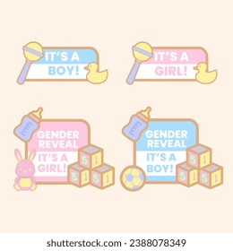 Vector Gender Reveal baby shower boy or girl sticker pack with cute toy illustration