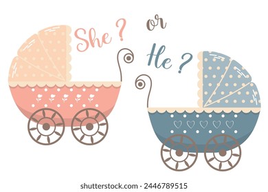 Vector Gender reveal party Girl or Boy He or She Baby Pram Flat Style